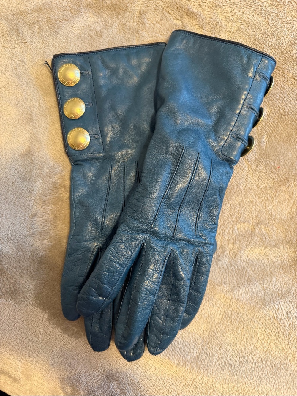 Coach Teal Leather Gloves with Gold Button Details - Picture 6 of 7